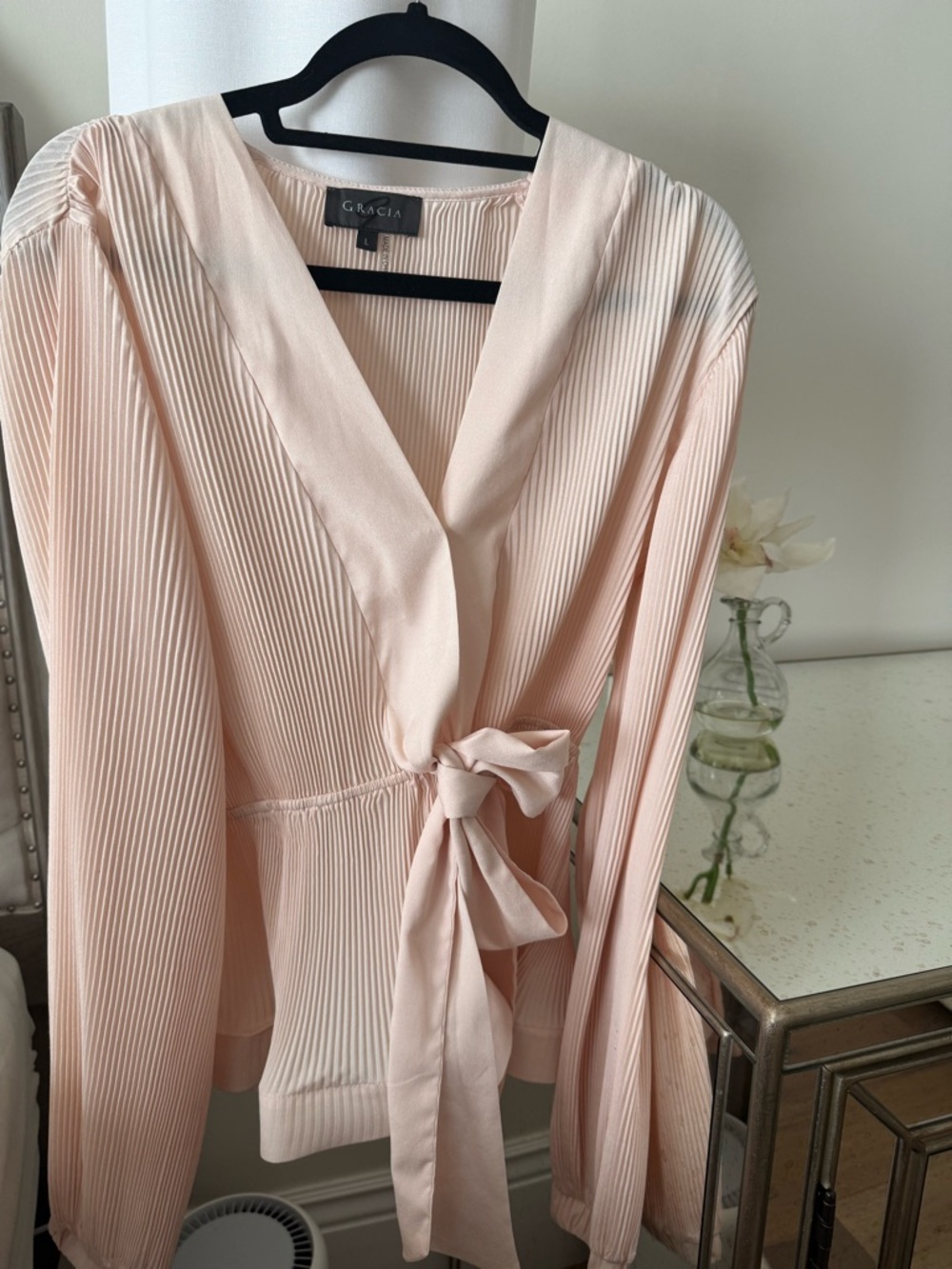 Gracia Soft Blush Pleated Tie-Front Blouse